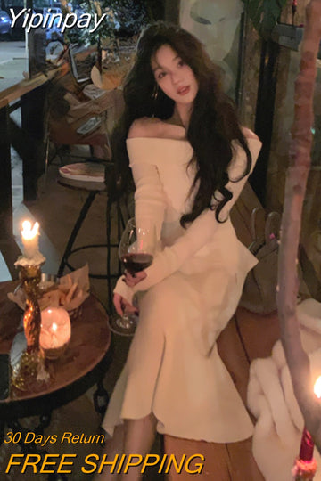 Yipinpay Lady 2 Piece Dress Set Woman Casual Y2k Tops + Slim Bodycon Midi Skirt Pure Color Knitted Suit Korean Fashion 2023 Autumn